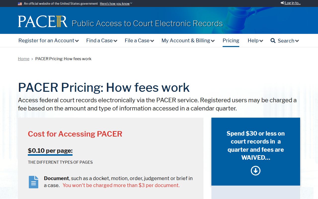 PACER pricing for a federal Spokane resident lookup