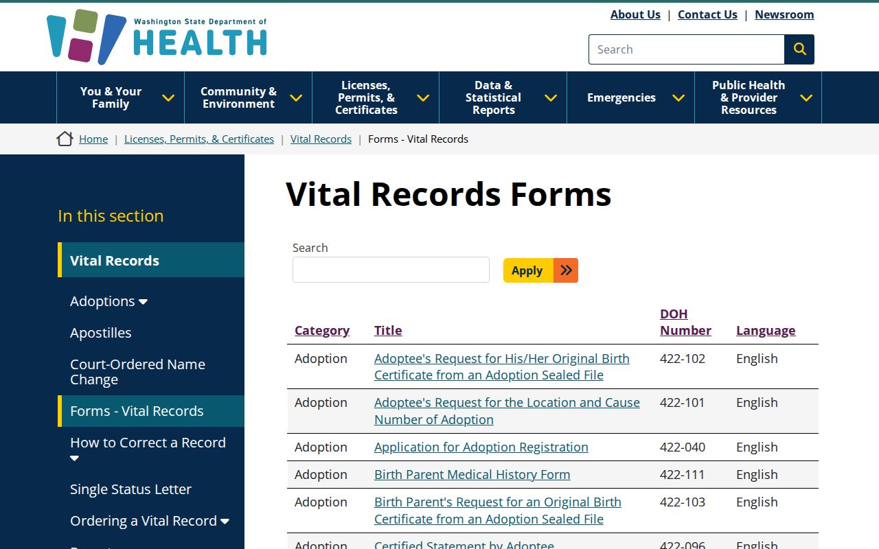 Washington vital records forms for Spokane event searches
